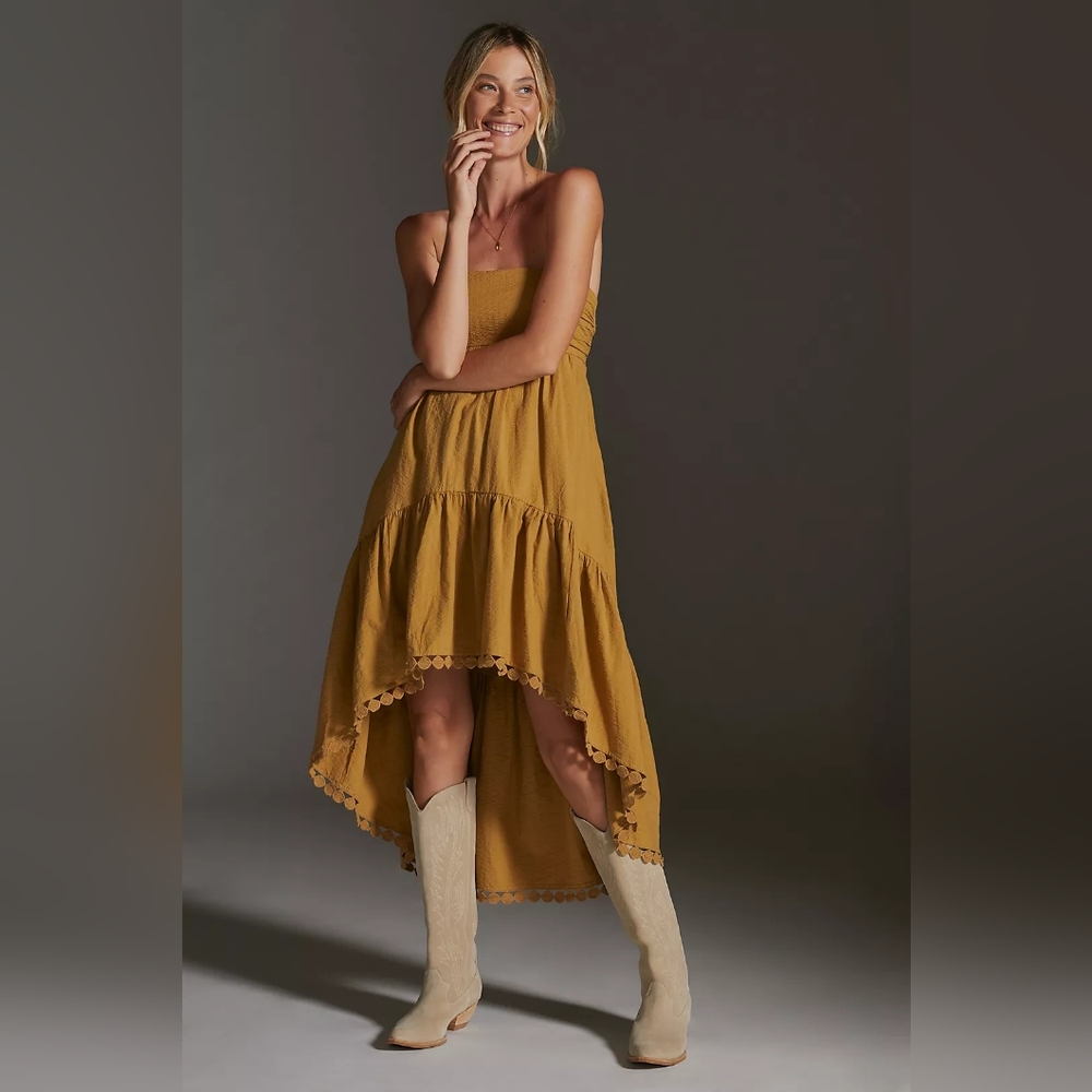 Anthropologie Maeve‎ Petite High-Low Strapless Midi Dress Golden Mustard